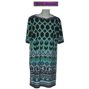 Signature Camryn Dress Scarf Print Geometric Turquoise Navy Sheath Petite 8 P